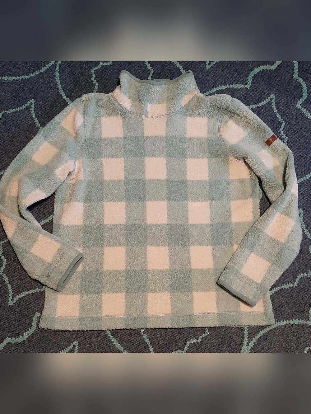 L.L. Bean Women's Fleece Pullover Mock Neck Mint Green Buffalo Plaid Large Reg